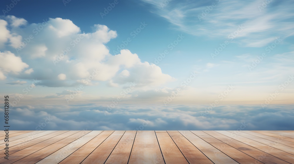 empty table top on blur clouds background