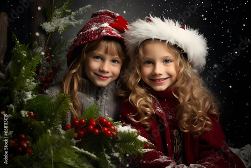 two cute girls in caps near the Christmas tree in anticipation of Christmas,