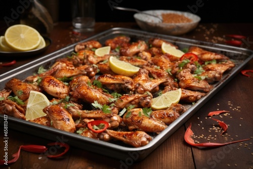 a tray of roasted chicken wings garnished with chili slices