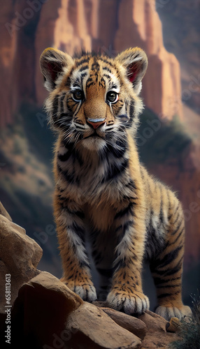 A Cute and Adorable Baby Tiger Sitting on a Mountain TopBackground