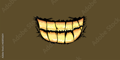 Vector cartoon funny zombie monster laughing mouth with rotten teeth isolated on brown background. Vector happy Halloween kids t-shirt design template with funky monster mouth