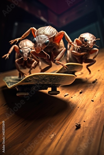 France bedbug panic concept, bedbugs doing skateboarding