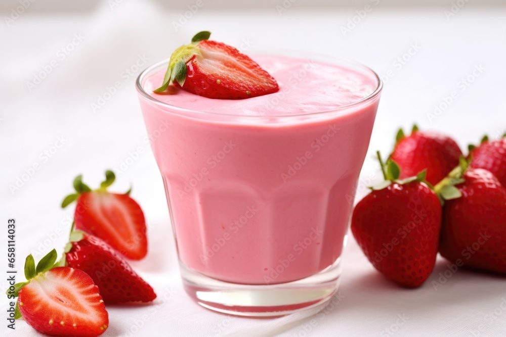 a close-up of a strawberry yogurt drink with fresh strawberries a close-up of a strawberry yogurt drink with fresh strawberries
