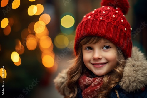 Little girl in a red hat and scarf on the background of Christmas lights