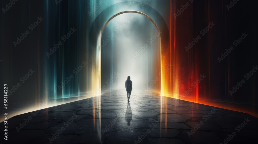 Woman walking through a portal art installation Woman walking through a portal art installation