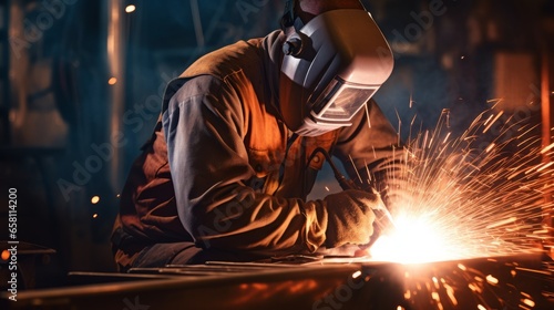 Welder in action with sparks flying. industrial craft