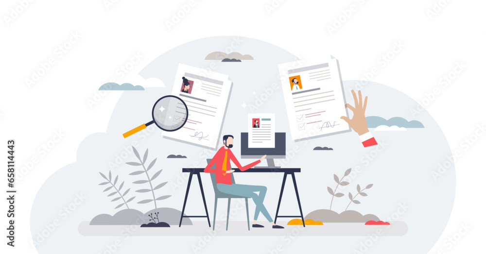 Job hunt and CV or resume sending to hiring company tiny person concept, transparent background.Recruitment process with HR offer illustration.Search new professional career path.