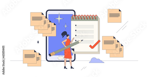 Quick tasks or jotting as effective time management retro tiny person concept, transparent background. Notes for precise priority list and productivity illustration. Schedule and agenda.