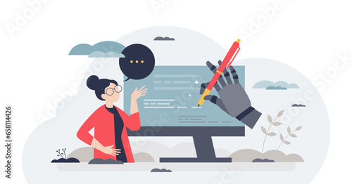 AI writing and artificial intelligence text typing tool tiny person concept, transparent background. Use modern technology for communication process automation and content generation illustration.