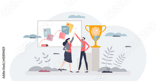 Achievement celebration for successful business goal tiny person concept, transparent background. Company employees motivation with award, evaluation and accomplishment trophy illustration.