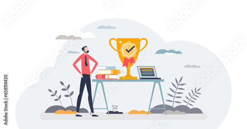 Achievements unlocked and successful business award tiny person concept, transparent background. Businessman or manager standing with gold prize as financial motivation and target illustration.