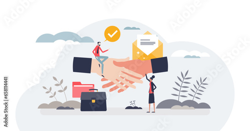 Deal sealed and successful contract agreement handshake tiny person concept, transparent background. Final collaboration moment with future company partnership illustration. Effective sales work.