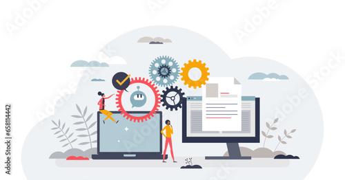Efficient workflow and productive work with automation tiny person concept, transparent background. Work flow efficiency with AI management and process control illustration.