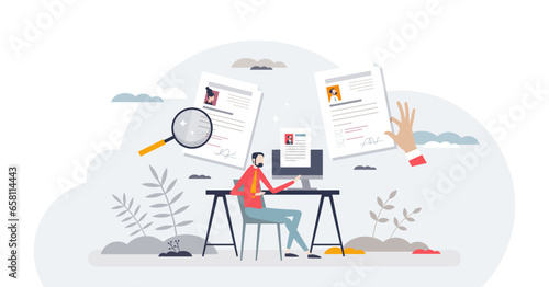 Job hunt and CV or resume sending to hiring company tiny person concept, transparent background.Recruitment process with HR offer illustration.Search new professional career path.