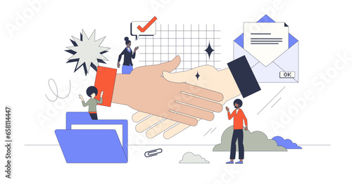 Deal sealed and formal business agreement closing process in retro tiny person concept, transparent background. Corporate work with partnership or teamwork collaboration illustration.