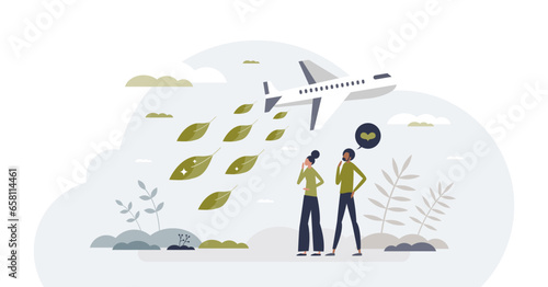 Sustainable aviation fuel for green aircraft power tiny person concept, transparent background. Plane with environmental and nature friendly energy for engines illustration. Net zero emissions.