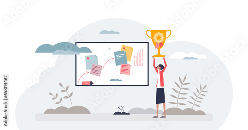 Business victory and company plan successful achievement tiny person concept, transparent background.Reach TOP with determination and motivational effort illustration.