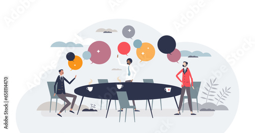 Collaborative brainstorming session with idea sharing tiny person concept, transparent background. Business meeting with talking, arguing and different opinions communication illustration.