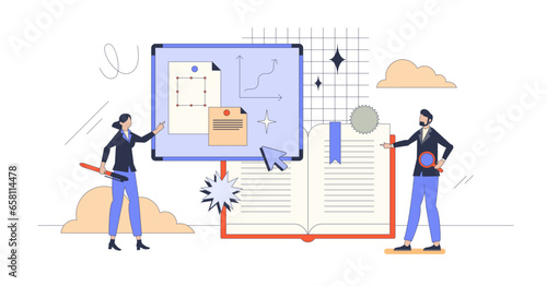 Exploring business strategies style and management tiny person concept, transparent background.Retro style illustration with cooperative planning and businessman consulting process.