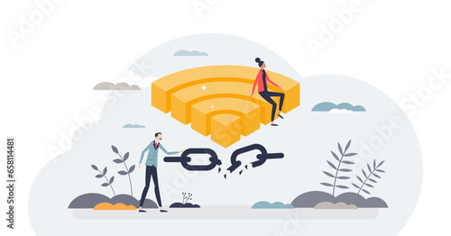 Digital disconnect and exit internet technology for detox tiny person concept, transparent background. Connection lost because of wifi maintenance or wireless breakdown illustration.