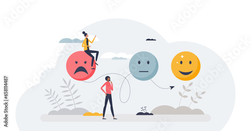 Evolving emotions and psychological feeling development tiny person concept, transparent background. Find mental solution with therapy and support illustration.