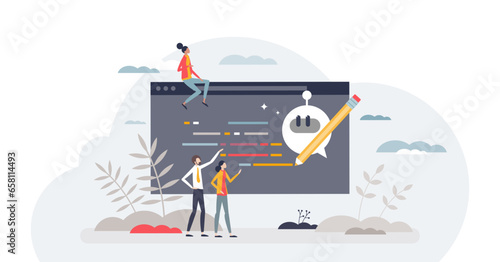 AI writing and artificial intelligence usage for content creation tiny person concept, transparent background. Machine automation for digital text typing and author assistance illustration.