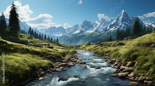 Floating River Water Surrounded By Big Snow Moutains Background