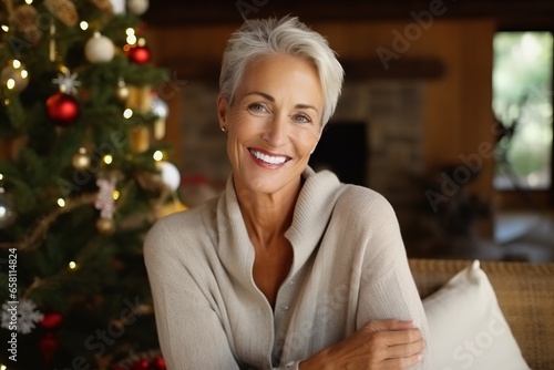 Portrait of happy senior woman in living room with Christmas tree in background
