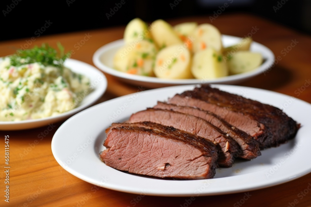 beef brisket slices with a side of potato salad beef brisket slices with a side of potato salad