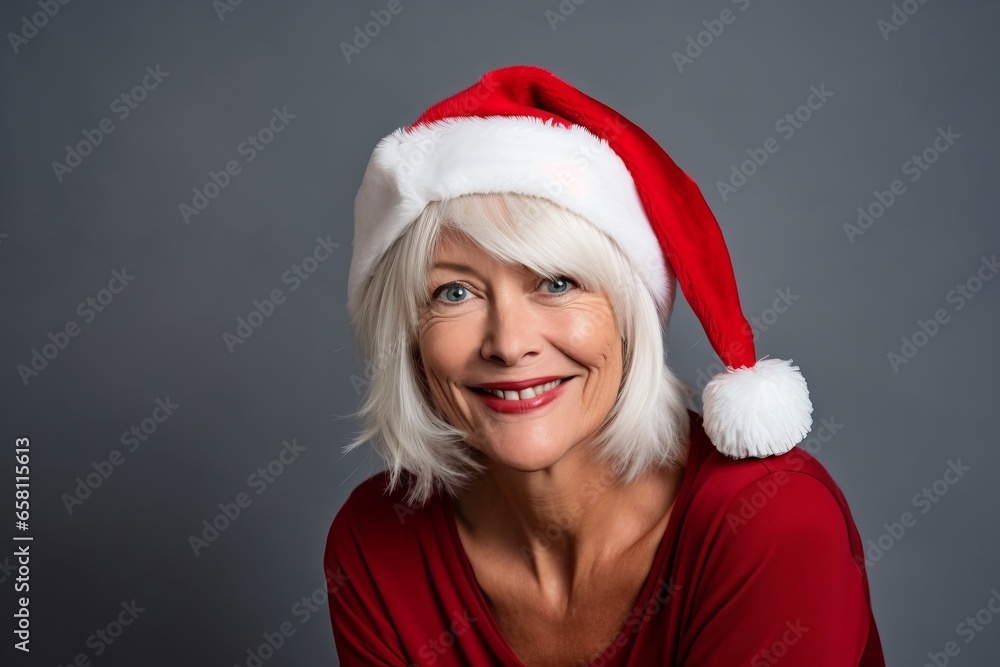 Merry Christmas and Happy Holidays! Portrait of beautiful mature woman in Santa Claus hat. Merry Christmas and Happy Holidays! Portrait of beautiful mature woman in Santa Claus hat.