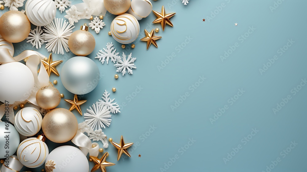 Merry Christmas and Happy Holidays greeting card, frame, and banner with copy space. Christmas ornaments on a sky-blue background. Winter xmas holiday theme. Merry Christmas and Happy Holidays greeting card, frame, and banner with copy space. Christmas ornaments on a sky-blue background. Winter xmas holiday theme.