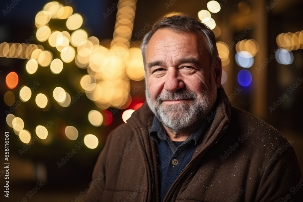 Portrait of a happy senior man with christmas lights in the background