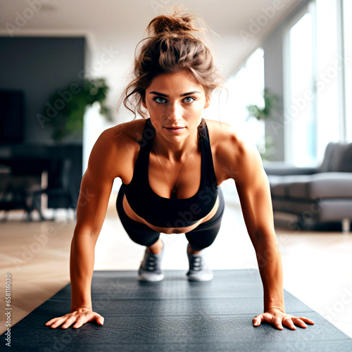 Sporty woman exercising on the floor at home. Girl doing push up. Female fitness training on the ground. Home fitness  Healthy women in black sportswear. workout and wellness concept