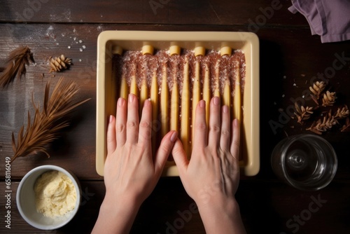 hands delicately arranging ladyfingers in the tiramisu mould