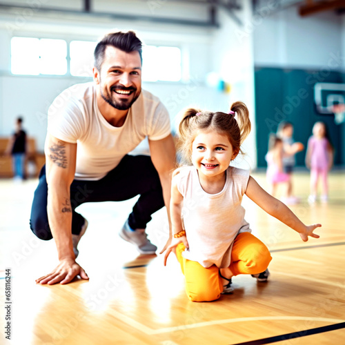 Little girl stretching on the floor and warming up with help of PE teacher during a class at school gym