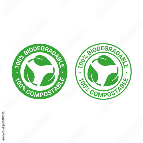 Biodegradable, plastic free recyclable vector icon. 100 percent bio recyclable package green logo
