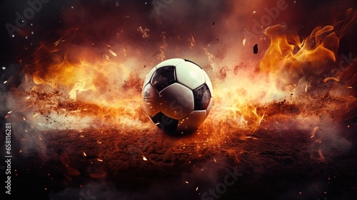 Close up of a fiery Hot soccer ball kicked with power at the stadium. ball exits on the speed from a football stadium in fires flame. sport background AI