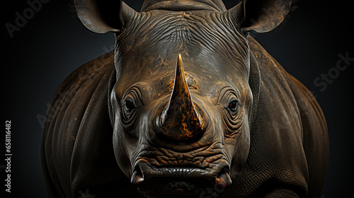 Close-Up Portrait of Strong Big Rhinoceros Front Facing Selective Focus Background