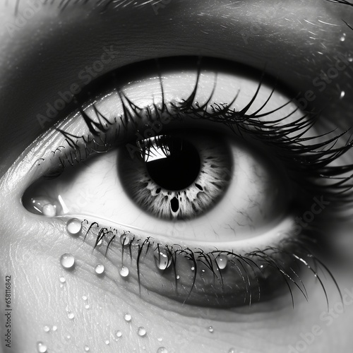Close-Up Gaze: Expressive Open Eyes with Teardrop on Eyelashes in Macro Black and White
