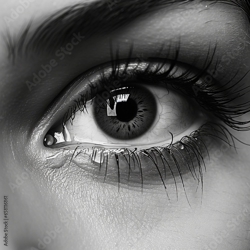 Close-Up Gaze: Expressive Open Eyes with Teardrop on Eyelashes in Macro Black and White