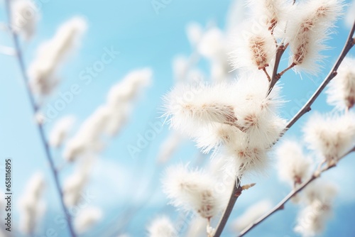 Spring's Delicate Beauty: Close-Up of Blooming Fluffy Willow Branches with Soft Focus on Turquoise Blue Sky Background in Vintage Muted Tones