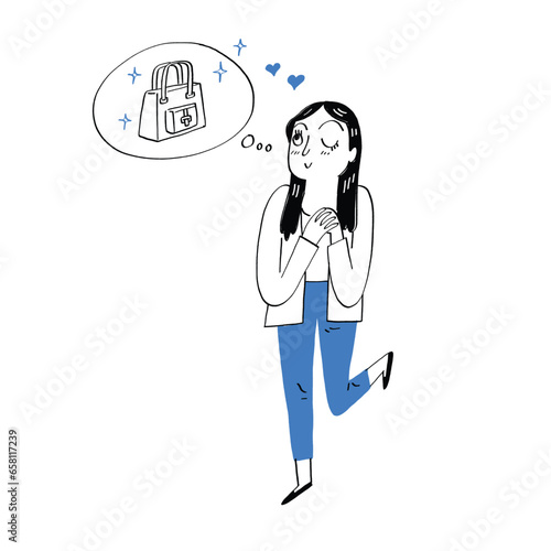 A woman daydreaming about wanting a new bag.