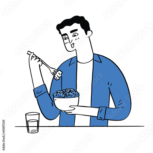 Man eating vegetarian food from a large bowl.