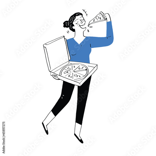 Young woman eating pizza.