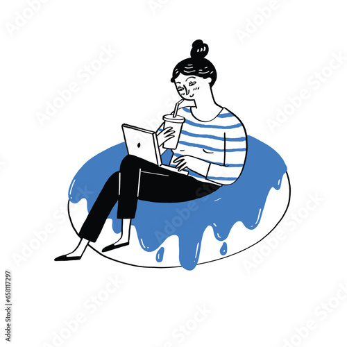 A cute young girl is sitting on a cushion shaped like a doughnut.