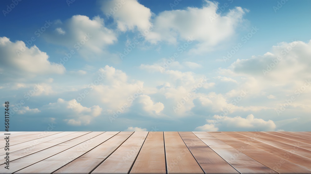 empty table top on blur clouds background