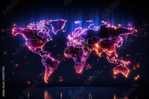 night world map with neon lights, mapamundi
