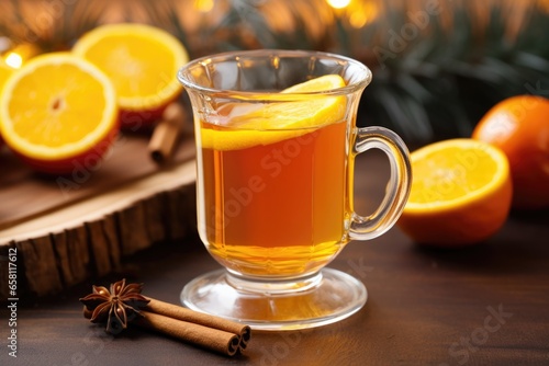 hot toddy with whole cinnamon sticks and orange slices