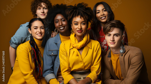 Diverse Group Posing Against a Vibrant Yellow Background