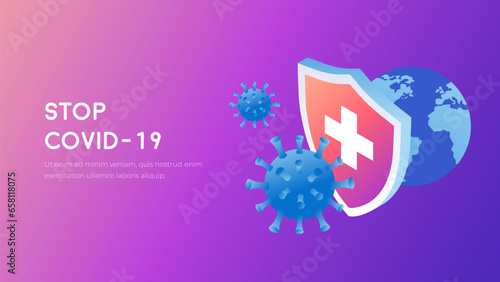 Сovid-19 protection concept. Bacterial virus cell and shield. Defense against coronavirus. 